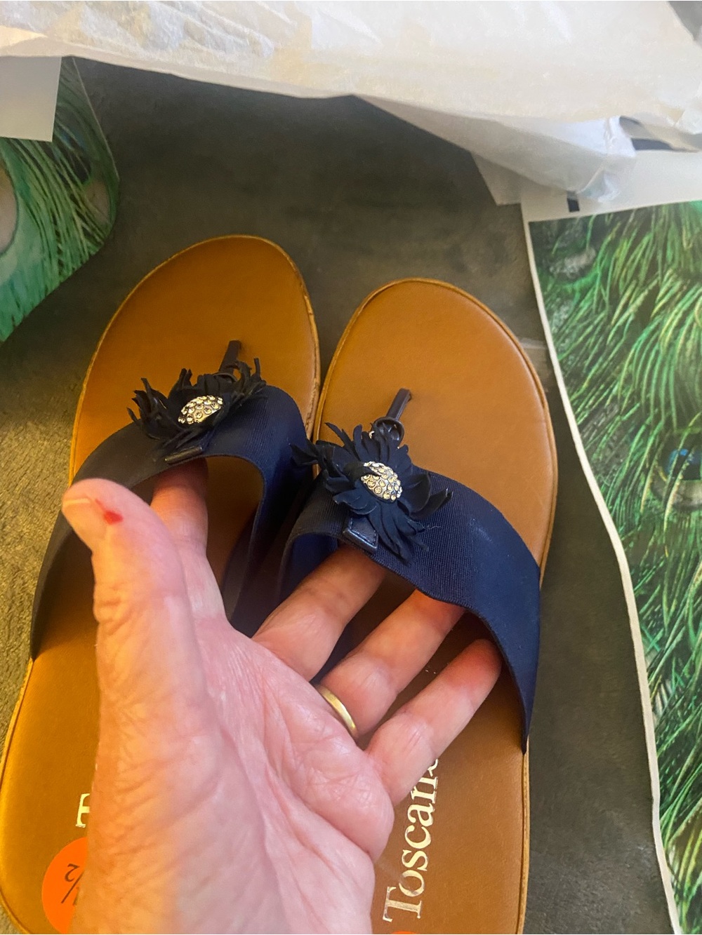 TOSCANELLA BLU Navy Floral Thong Sandals with Tan Footbed